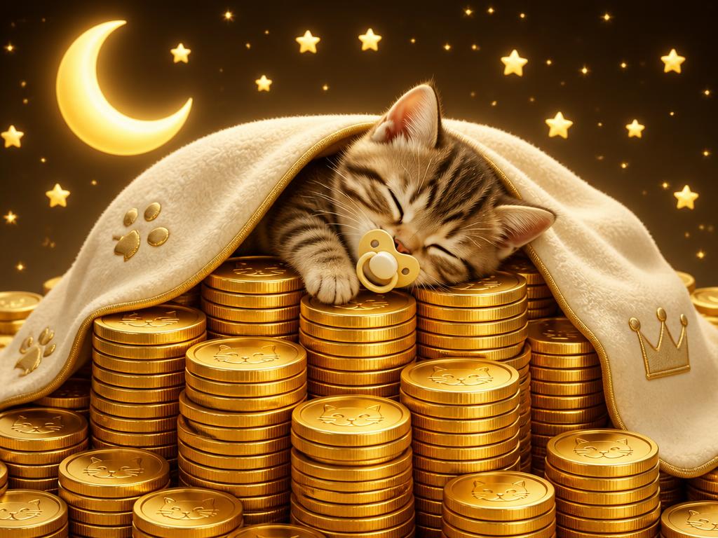 Baby Cate napping on a pile of gold coins
